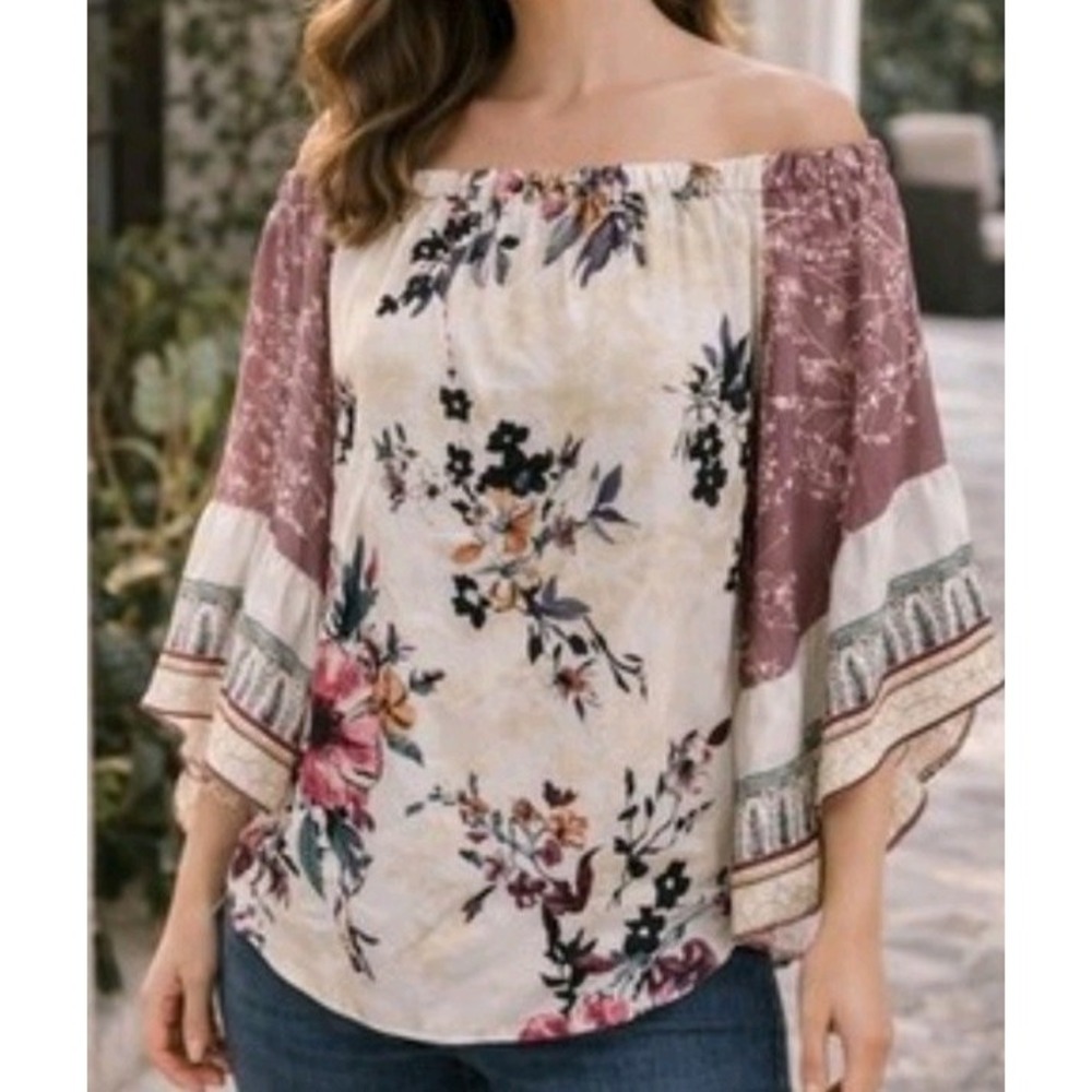 White House Black Market Satin Floral Off The Shoulder Blouse Size M Feminine - Picture 2 of 10